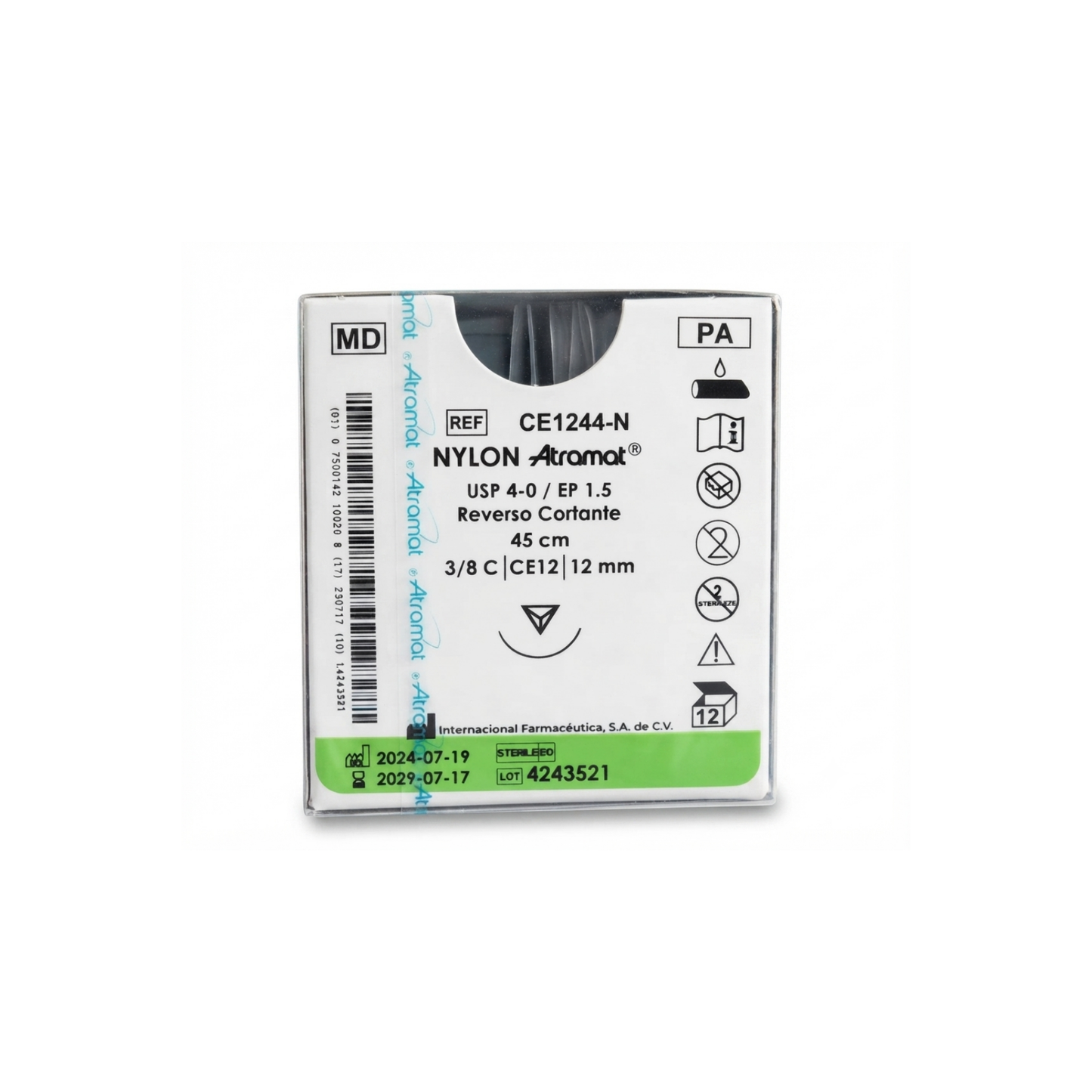 Hilo Nylon 4-0, Aguja reverso cortante 3/8 de círculo 12 mm, Hebra 45 cm, Marca Atramat, Caja con 12 piezas