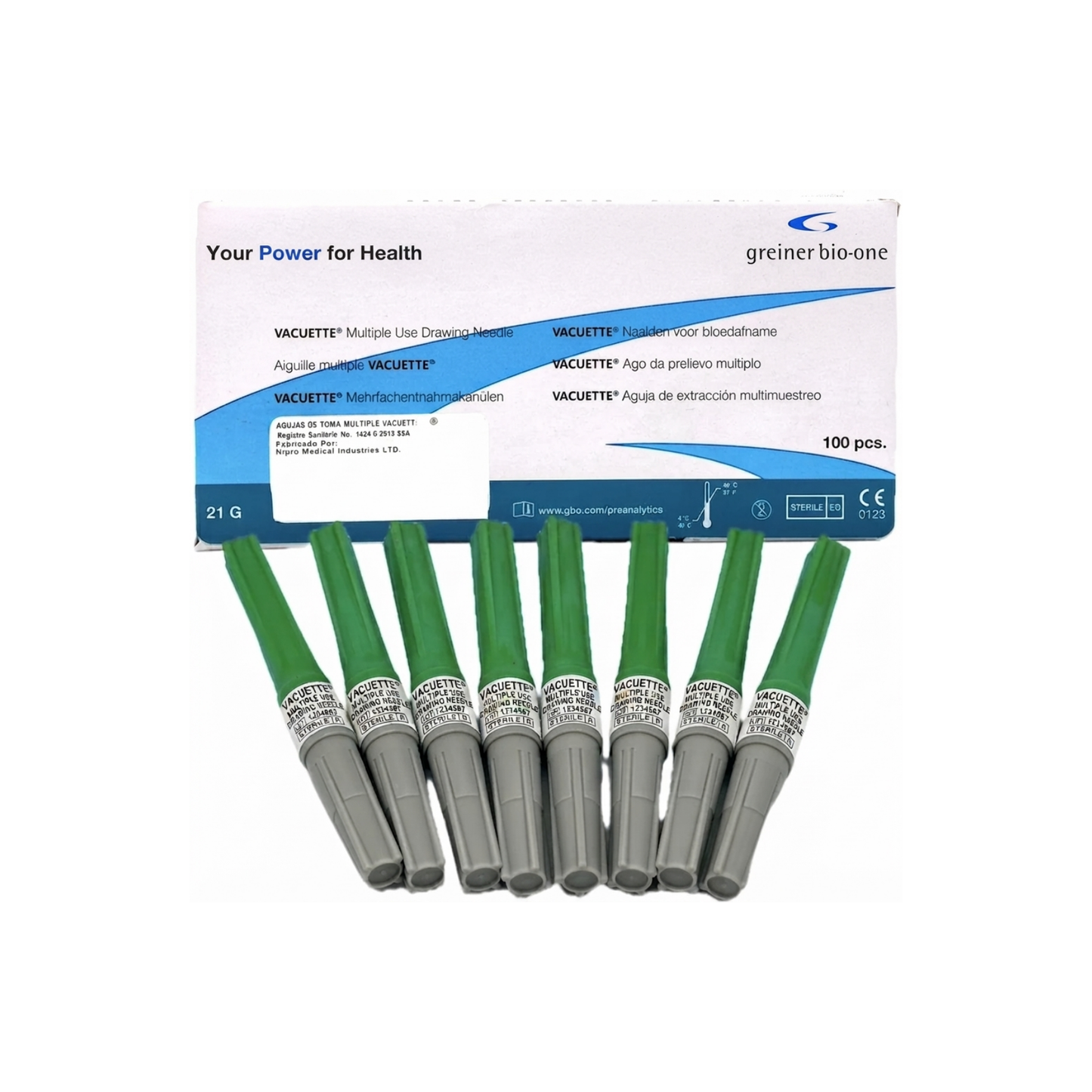 AGUJAS PARA TOMA Y RECOLECCIÓN DE SANGRE SENCILLA O MULTIPLES, ESTÉRILES, DESECHABLES 21GX1 1/2MM CAJA CON 100 PZ VACUETTE