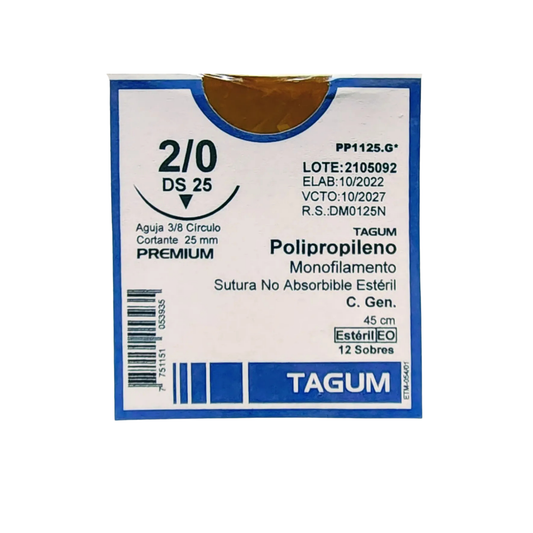 HILO POLIPROPILENO 2/0 TAGUM AGUJA 3/8 DE CIRCULO CORTANTE 25MM HEBRA DE 45CM CAJA CON 12 PIEZAS