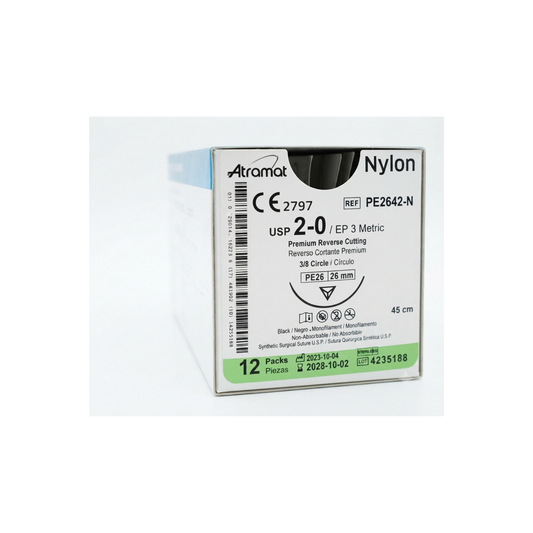 HILO NYLON 2-0 PREMIUM ATRAMAT AGUJA 3/8 DE CIRCULO CORTANTE 26MM HEBRA DE 45 CM CAJA CON 12 PIEZAS REF:PE2642-N
