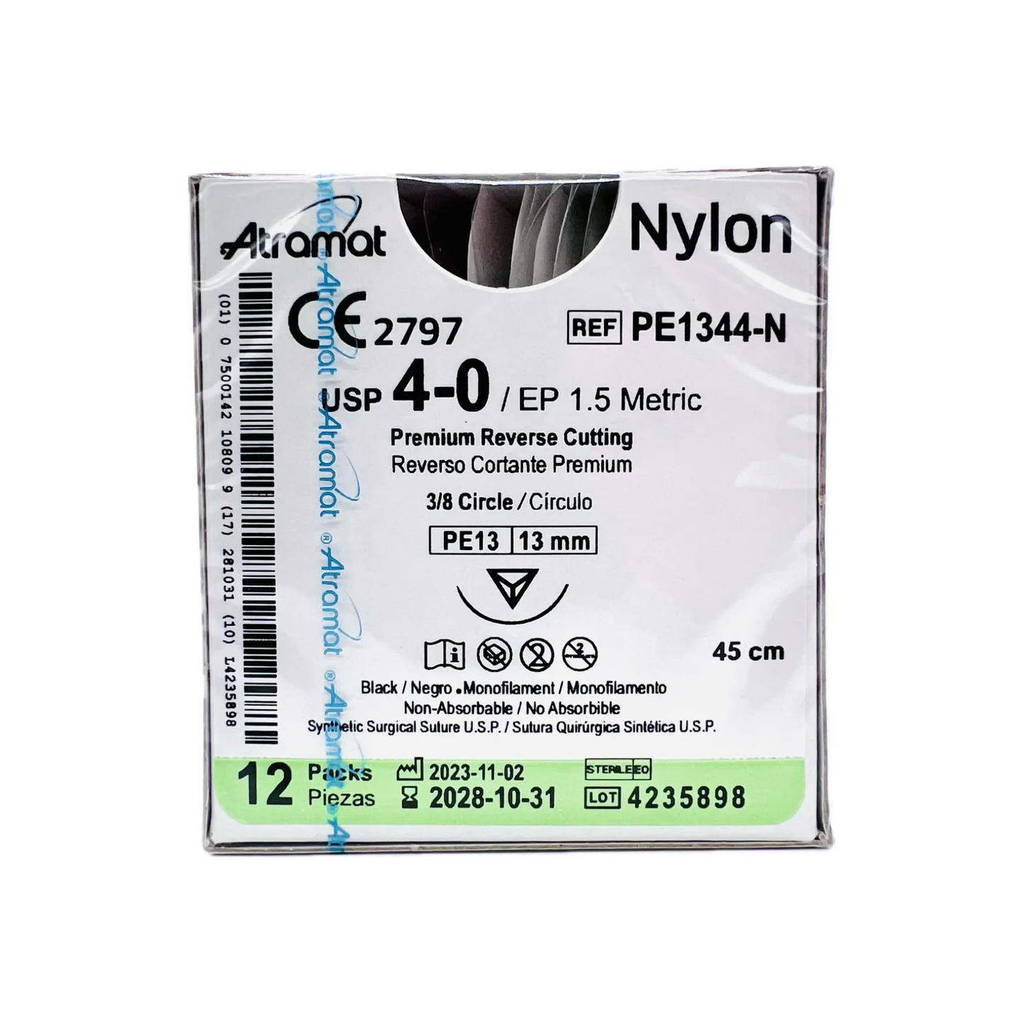 HILO NYLON 4-0 AGUJA 3/8 REVERSO CORTANTE 13 MM HEBRA 45 CM CAJA CON 12 PIEZAS