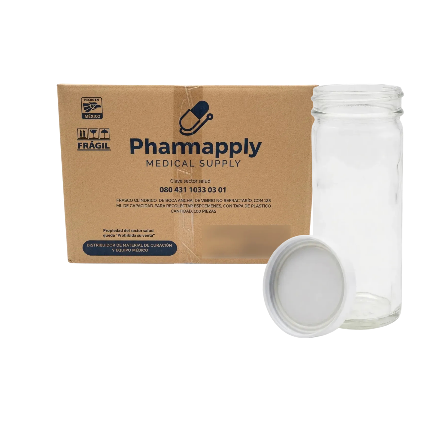 FRASCO DE VIDRIO PARA ESPECIMENES CON TAPA DE PLASTICO 125ML CAJA CON 100 PIEZA