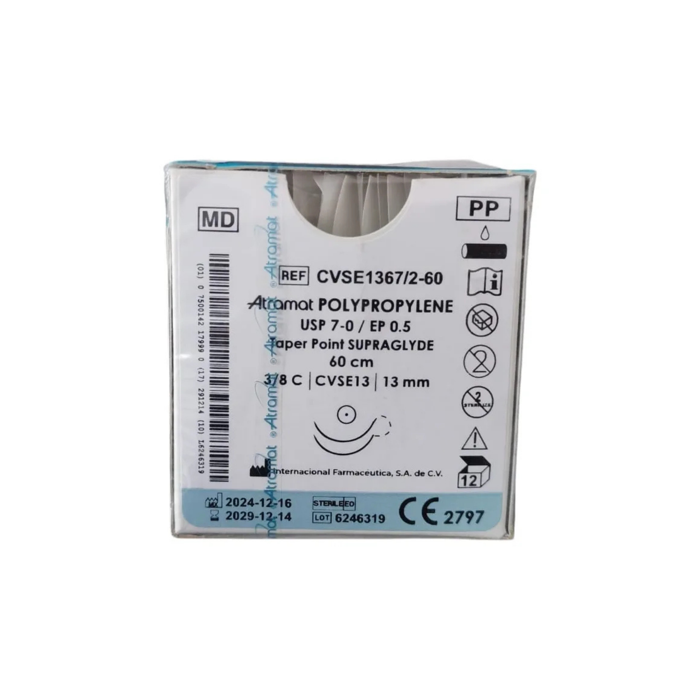 HILO POLYPROPYLENE 7-0 ATRAMAT PREMIUM CON AGUJA 3/8 DE CIRCULO DOBLE ARMADO 13MM HEBRA DE 60CM CAJA CON 12 PIEZAS
