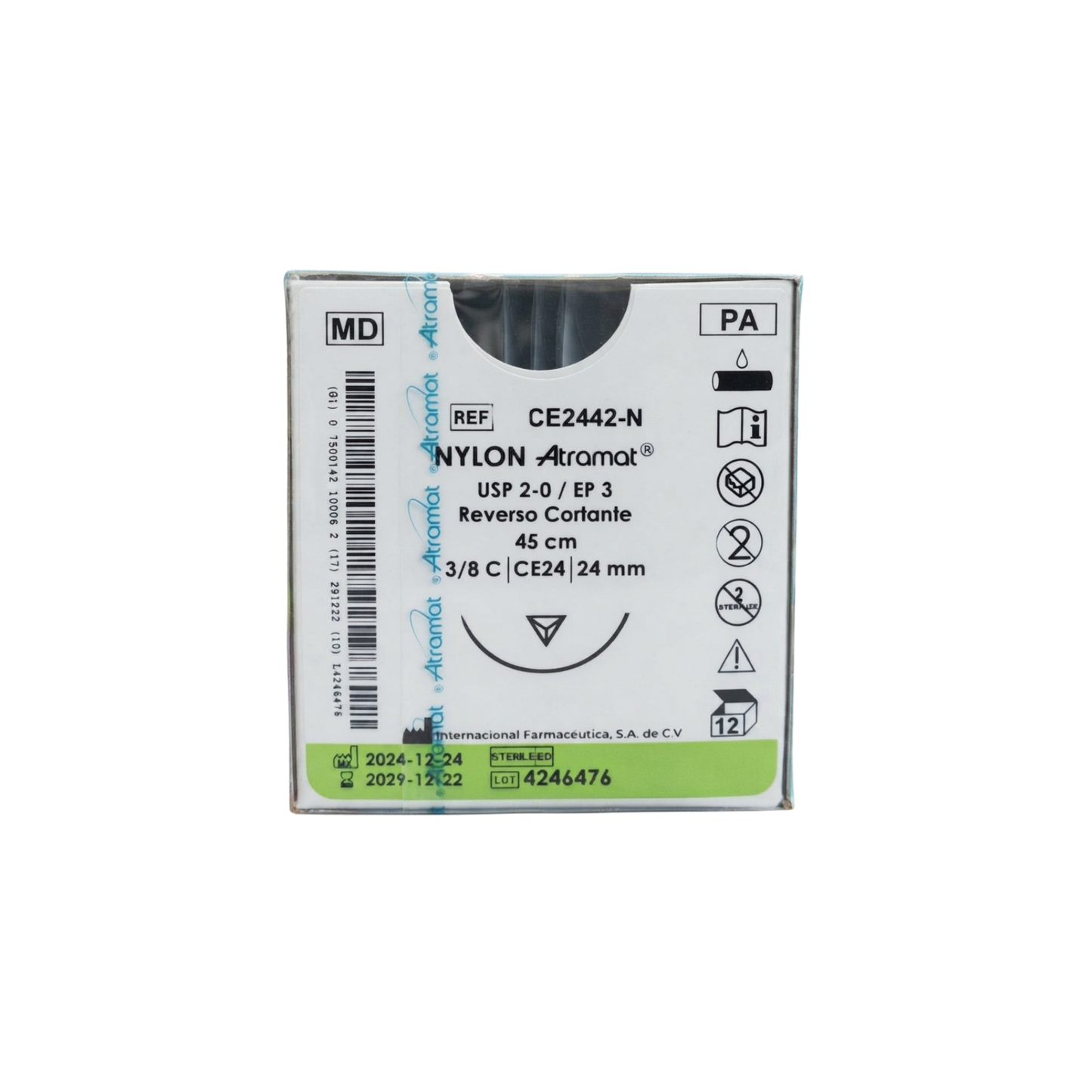 Hilo Nylon 2-0, Aguja 3/8 círculo reverso cortante 24 mm, Hebra 45 cm, Marca Atramat, Caja con 12 piezas