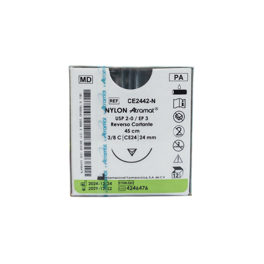 Hilo Nylon 2-0, Aguja 3/8 círculo reverso cortante 24 mm, Hebra 45 cm, Marca Atramat, Caja con 12 piezas