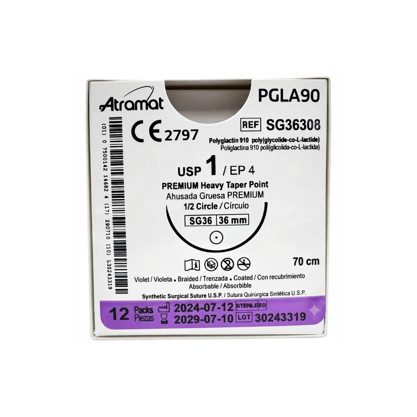 HILO PGLA90 ATRAMAT 1 AGUJA 1/2 CIRCULO PREMIUM AHUSADA 36MM, HEBRA 70 CM, CAJA CON 12 PIEZAS