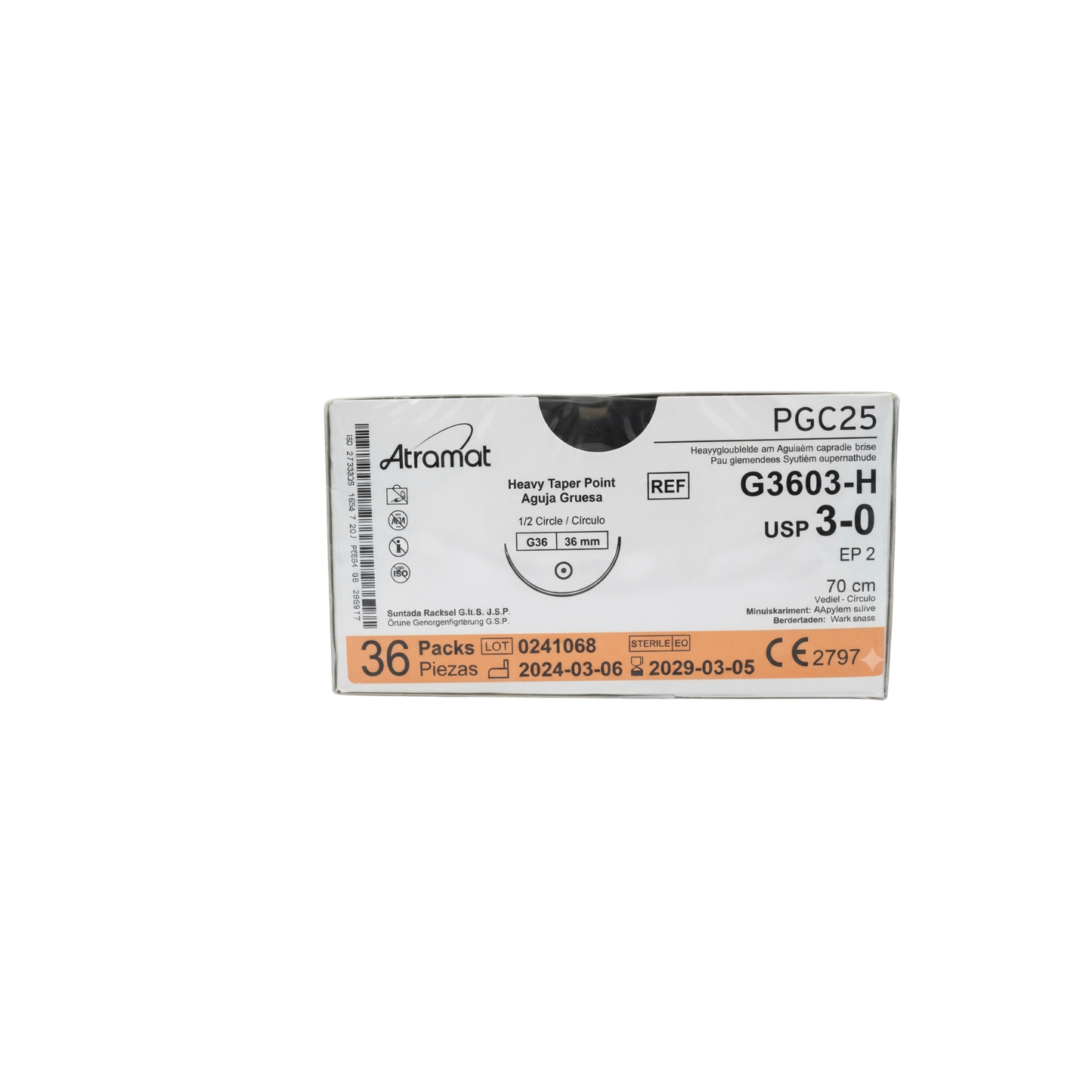 HILO PGC25 3-0, AGUJA 1/2 CIRCULO AHUSADA GRUESA 36 MM, Hebra 70 CM, MARCA ATRAMAT, CAJA CON 36 PIEZAS