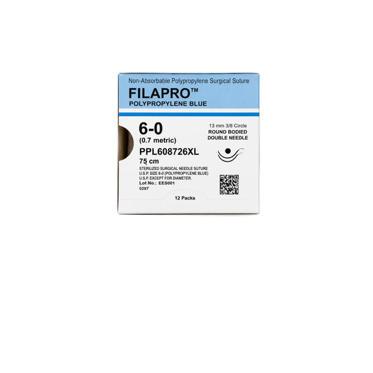 HILO POLYPROPYLENO AZUL CALIBRE 6-0, AGUJA 3/8 DE CIRCULO DOBLE ARMADO 13 MM HEBRA DE 75 CM CAJA CON 12 PIEZAS