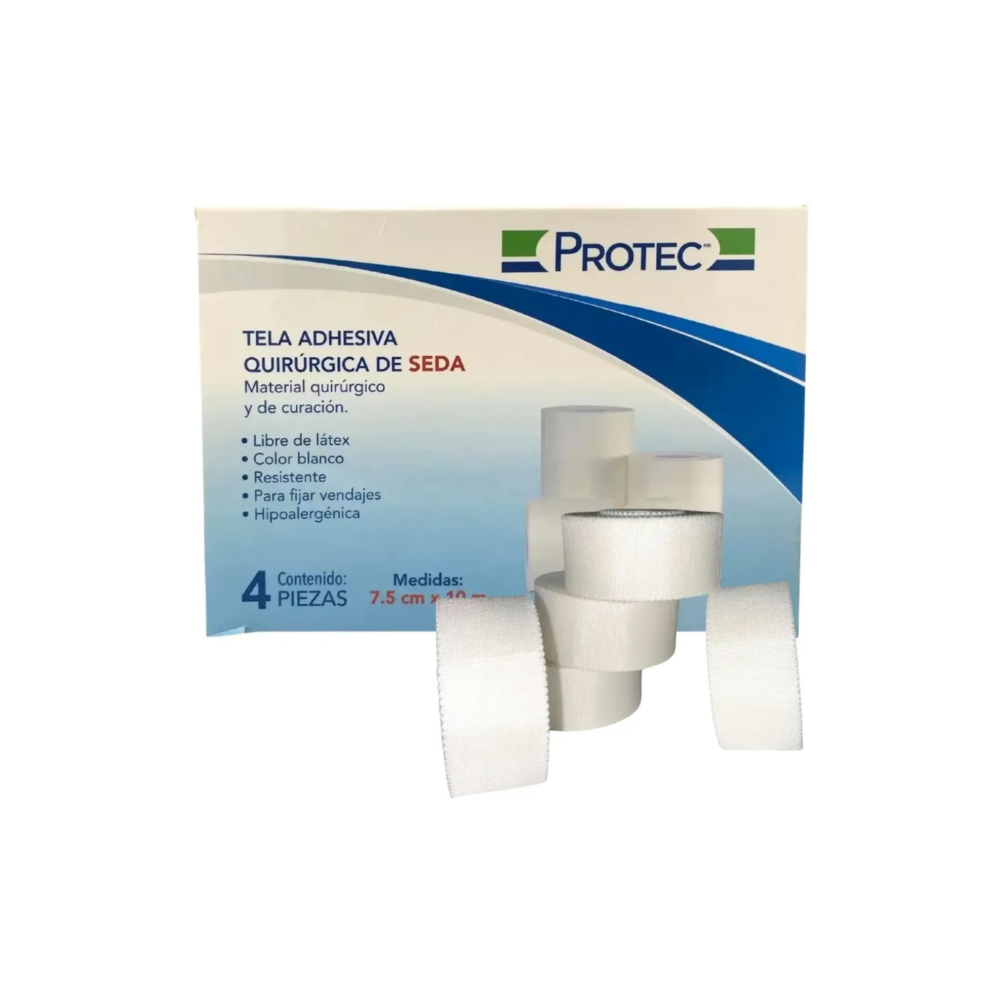 TELA ADHESIVA QUIRURGICA DE SEDA PROTEC 7.5CM X 10 MTS CAJA CON 4 ROLLOS