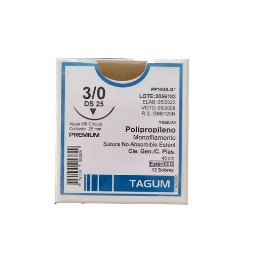 Hilo Polipropileno 3-0, Aguja 3/8 círculo cortante 25 mm, Hebra 45 cm, Marca TAGUM, Caja con 12 piezas