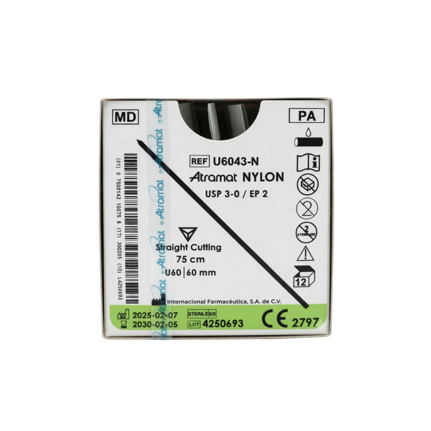 HILO NYLON 3-0 ATRAMAT AGUJA RECTA CORTANTE 60MM HEBRA 75 CM CAJA CON 12 PIEZAS REF:U6043-N