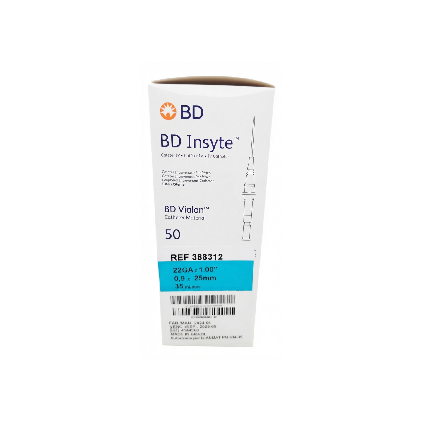 CATETER INTRAVENOSO BD INSYTE 22GA X 25MM CAJA CON 50 PZ
