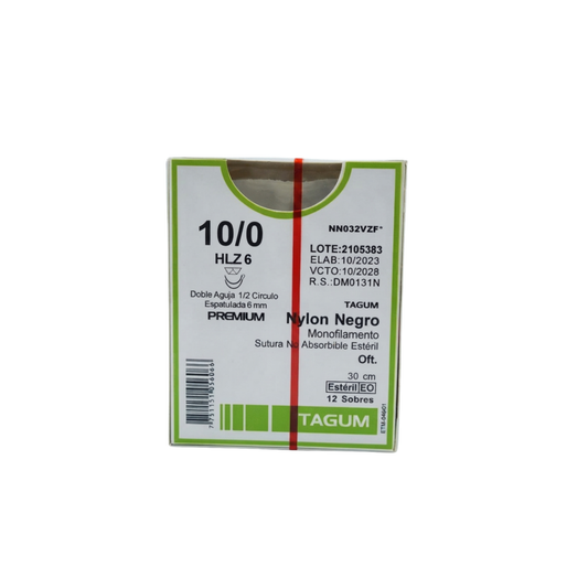Hilo Nylon 10-0, Doble aguja 1/2 círculo espatulada 6 mm, Hebra 30 cm, Marca TAGUM, Caja con 12 piezas