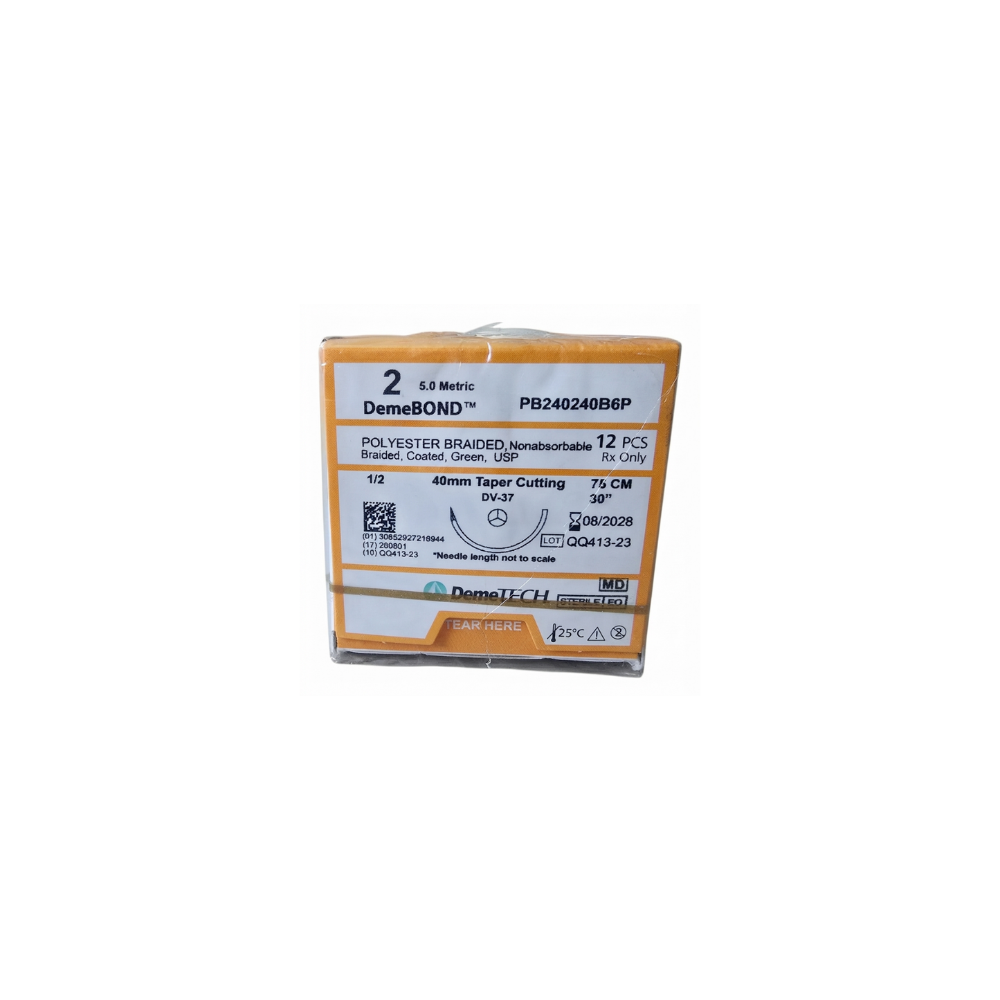 hilo Poliéster Trenzado 2-0, Aguja 1/2 círculo taper cutting 40 mm, Hebra 75 cm, Marca Demetech, Caja con 12 piezas