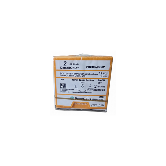 hilo Poliéster Trenzado 2-0, Aguja 1/2 círculo taper cutting 40 mm, Hebra 75 cm, Marca Demetech, Caja con 12 piezas