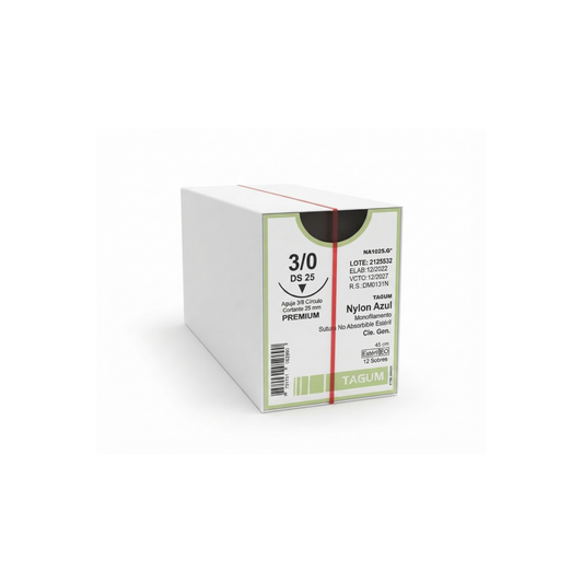 Hilo Nylon 3-0, Aguja 3/8 círculo cortante 25 mm, Hebra 45 cm, Marca TAGUM, Caja con 12 piezas