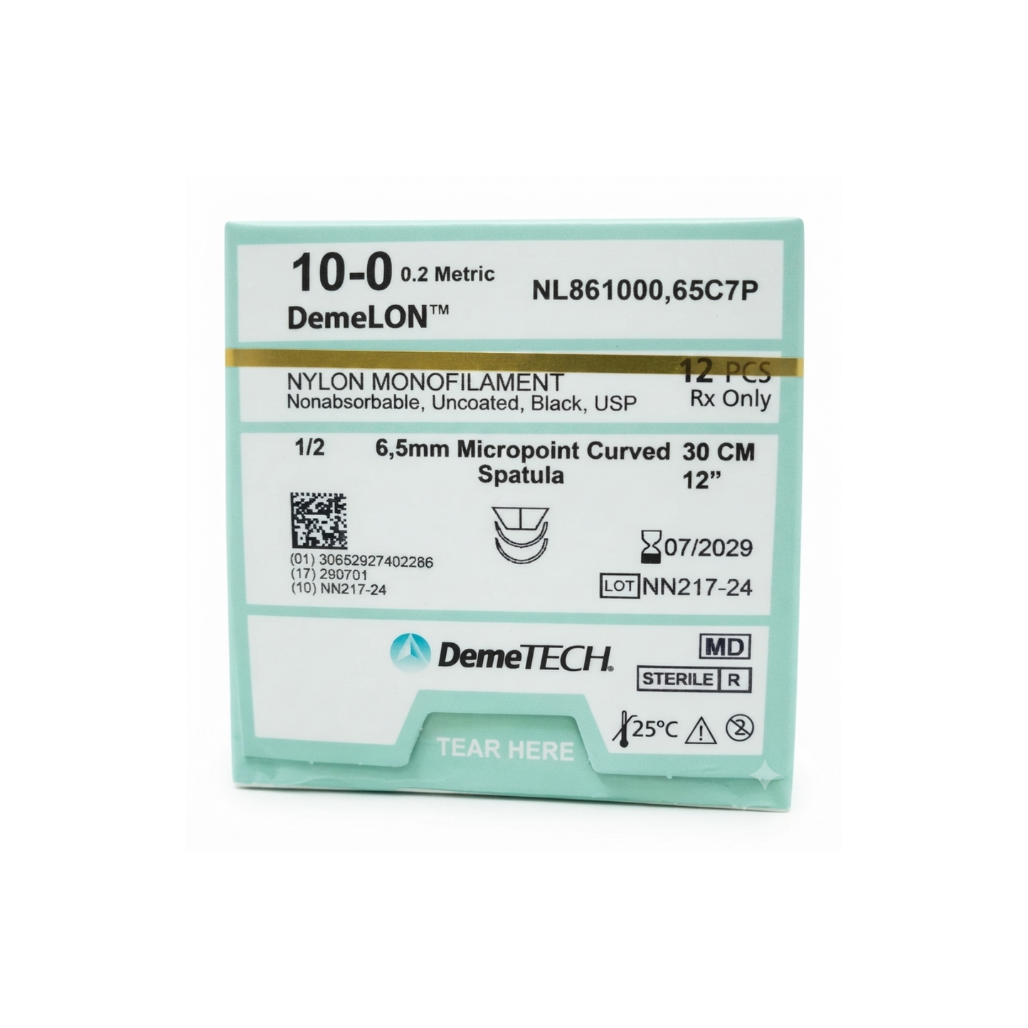 HILO NYLON 10-0 DEMETECH DEMELON CON AGUJA 1/2 CIRCULO DOBLE ESPATULADA CURVA 6,5MM HEBRA DE 30CM CAJA CON 12 PIEZAS