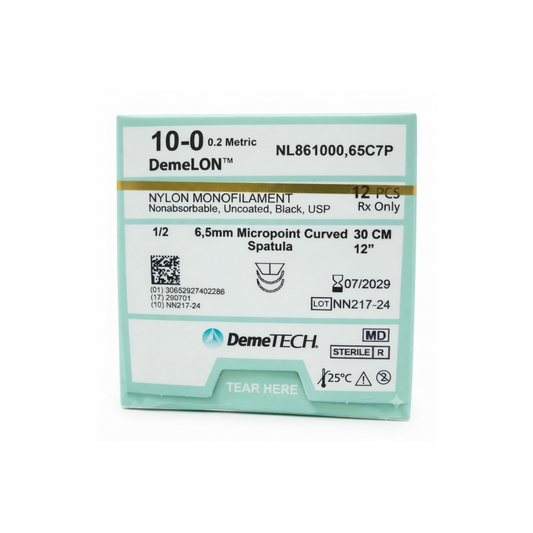 HILO NYLON 10-0 DEMETECH DEMELON CON AGUJA 1/2 CIRCULO DOBLE ESPATULADA CURVA 6,5MM HEBRA DE 30CM CAJA CON 12 PIEZAS