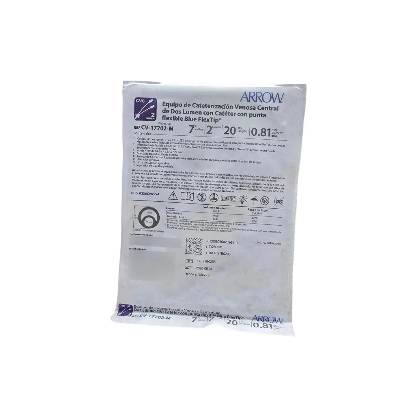 CATETER VENOSO CENTRAL 7 FR X 20 CM 2 LUMEN ARROW 1 PIEZA