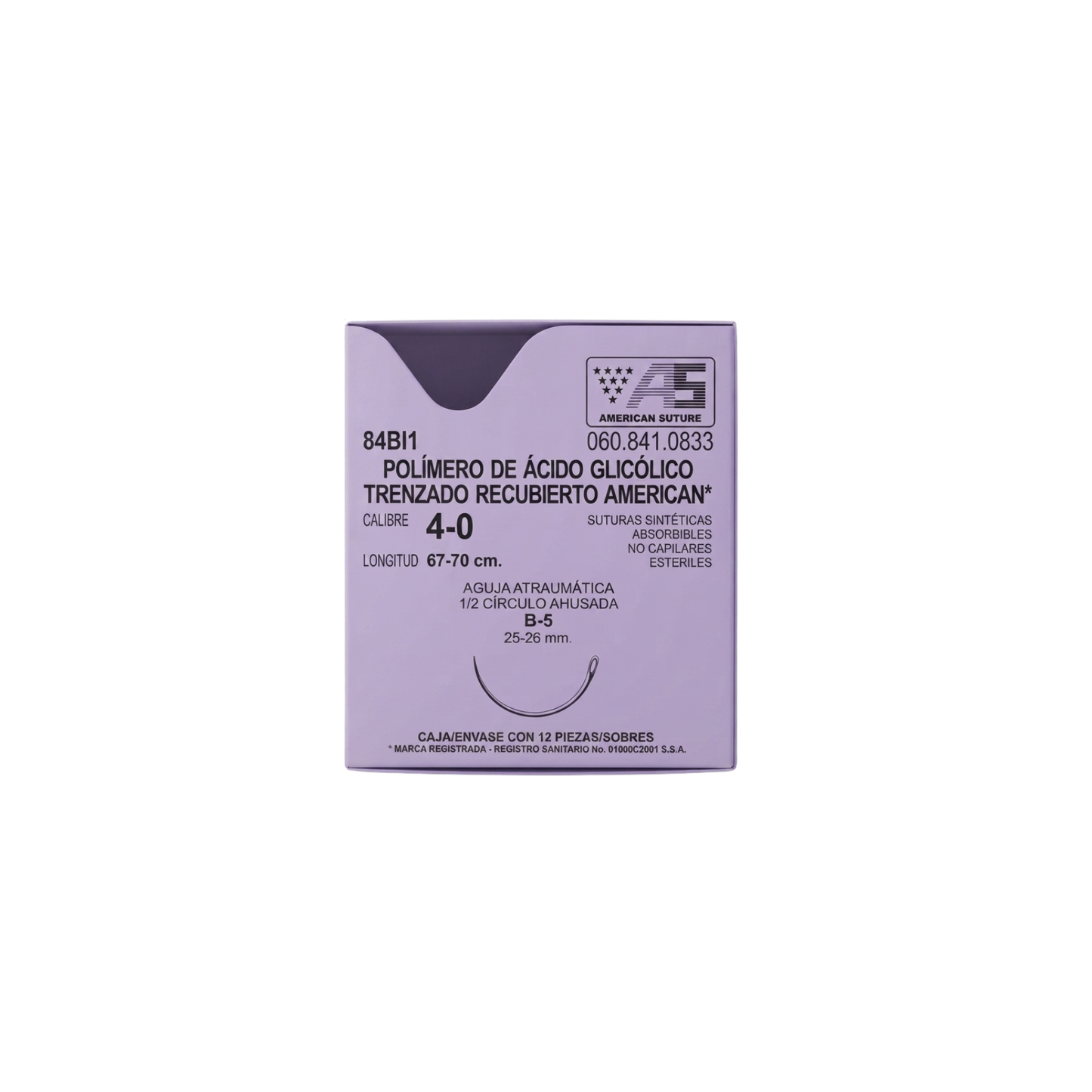 Hilo Ácido Poliglicólico 4-0, Aguja 1/2 círculo ahusada 26 mm, Hebra 70 cm, Marca American Suture, Caja con 12 piezas