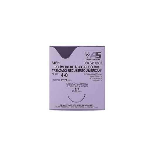 Hilo Ácido Poliglicólico 4-0, Aguja 1/2 círculo ahusada 26 mm, Hebra 70 cm, Marca American Suture, Caja con 12 piezas