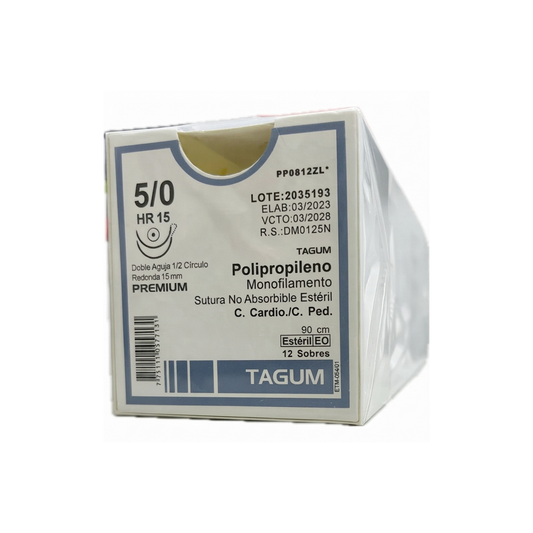 Hilo Sutura Polipropileno 5-0, Doble aguja 1/2 círculo 15 mm, Hebra 90 cm, Marca TAGUM, Caja con 12 piezas