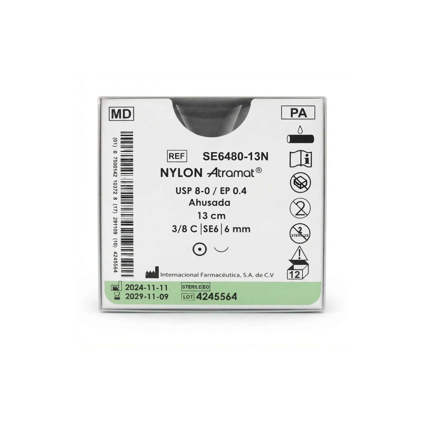 HILO NYLON ATRAMAT CALIBRE 8-0,AGUJA 3/8 DE CIRCULO AHUSADA 6MM HEBRA 13 CM, CAJA CON 12 PIEZAS