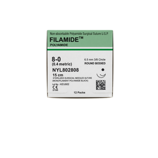 HILO NYLON (POLIAMIDA) MERIL 8-0 CON AGUJA 3/8 DE CIRCULO DE 6.5MM HEBRA DE 15 CM CAJA CON 12 PIEZAS
