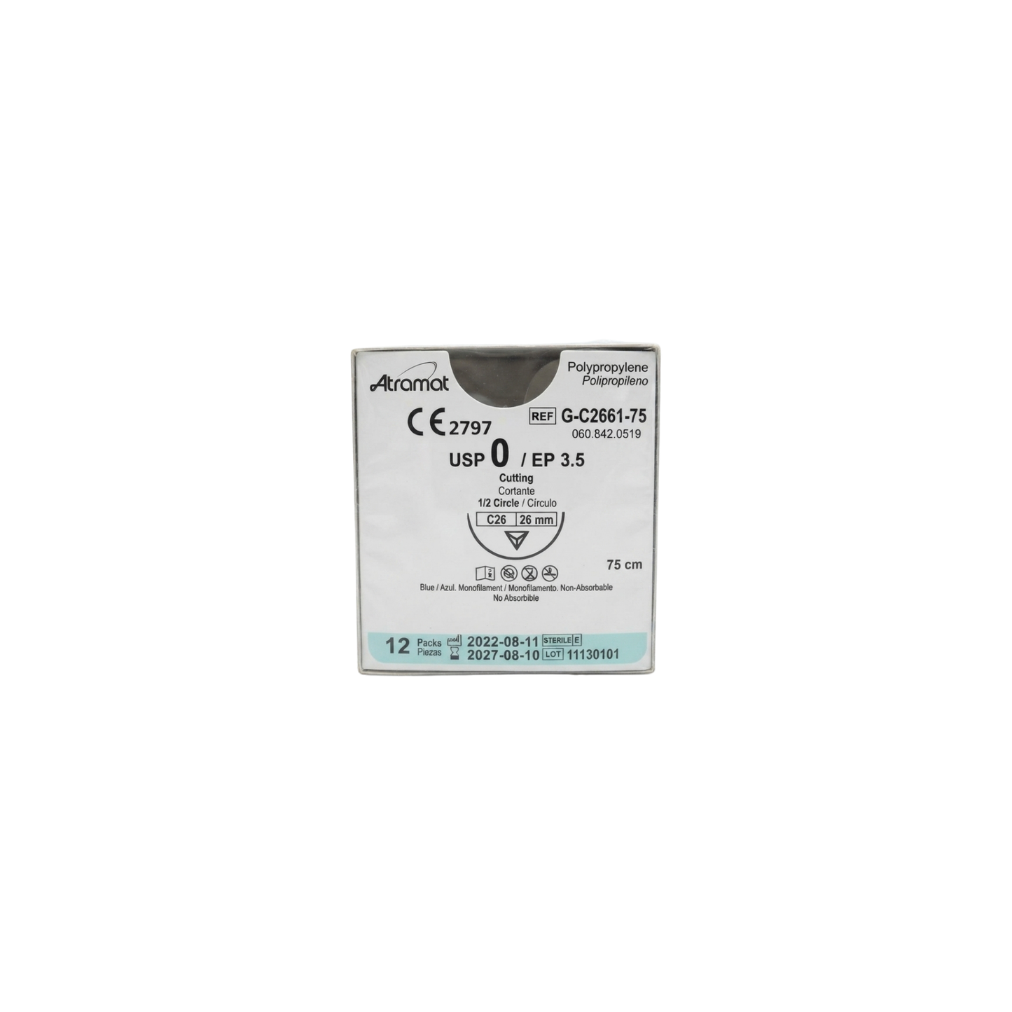 Hilo Polipropileno 0, Aguja 1/2 círculo cortante 26 mm, Hebra 75 cm, Marca Atramat, Caja con 12 piezas
