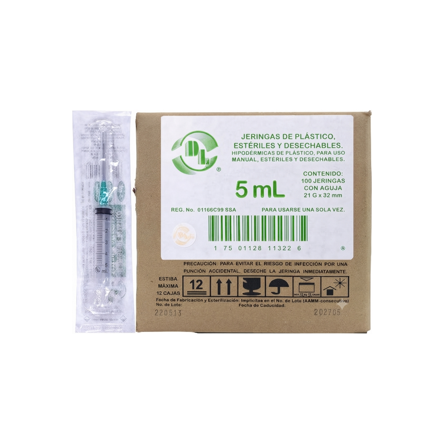JERINGAS DE PLASTICO 5 ML DL CON AGUJA 21GX32MM CAJA CON 100 PIEZAS