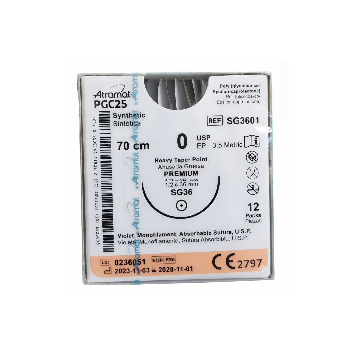 HILO PCG25 0 ATRAMAT AGUJA 1/2 CIRCULO AHUSADA GRUESA 36MM HEBRA 70 CM CAJA CON 12 PIEZAS