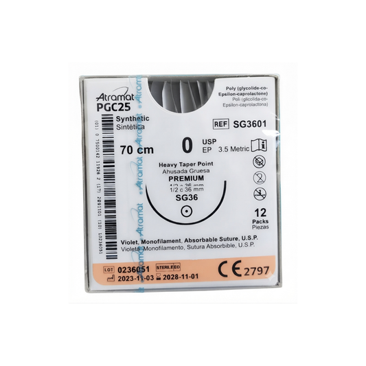 HILO PCG25 0 ATRAMAT AGUJA 1/2 CIRCULO AHUSADA GRUESA 36MM HEBRA 70 CM CAJA CON 12 PIEZAS