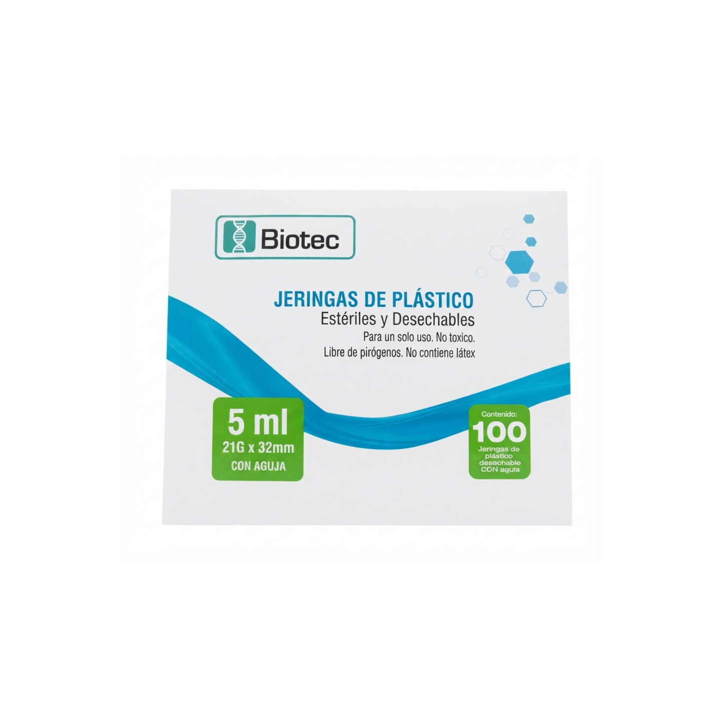 JERINGA DE PLASTICO 5ML BIOTEC CON AGUJA 21G X 32MM CAJA CON 100 PIEZAS