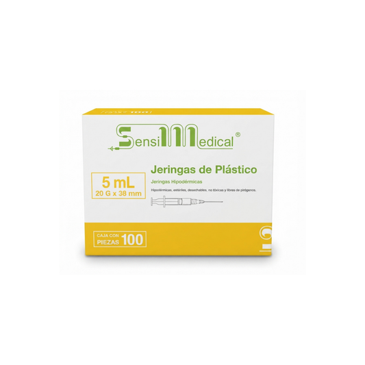 JERINGA DE PLASTICO SENSIMEDICAL 5ML 20GX38MM CAJA CON 100 PIEZAS
