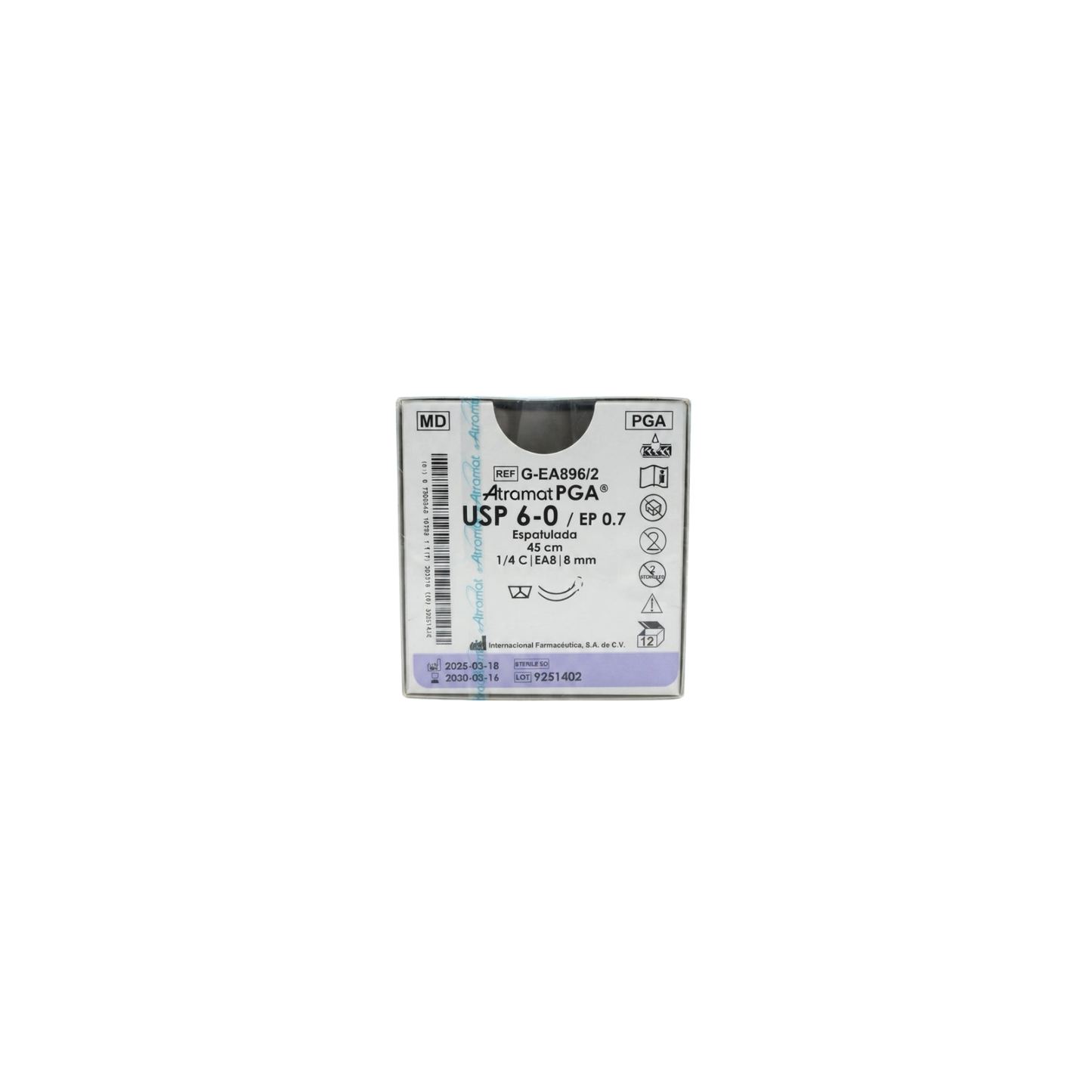 HILO ACIDO POLIGLICOLICO ATRAMAT 6-0 CON AGUJA DOBLE ARMADO 1/4 DE CIRCULO ESPATULADA 8MM HEBRA DE 45 CM CAJA CON 12 PIEZAS