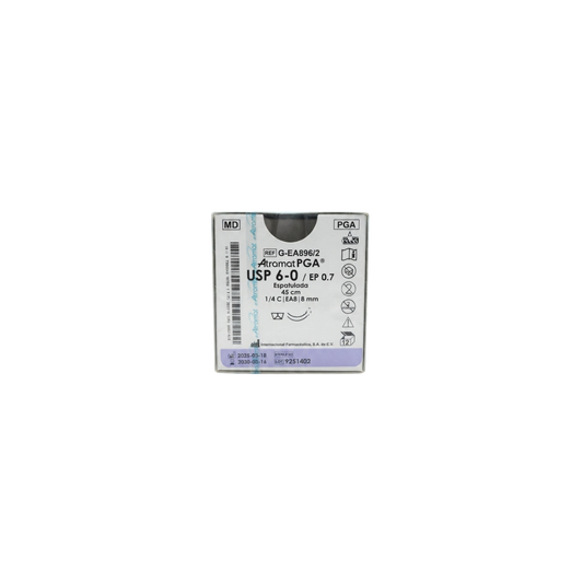 HILO ACIDO POLIGLICOLICO ATRAMAT 6-0 CON AGUJA DOBLE ARMADO 1/4 DE CIRCULO ESPATULADA 8MM HEBRA DE 45 CM CAJA CON 12 PIEZAS