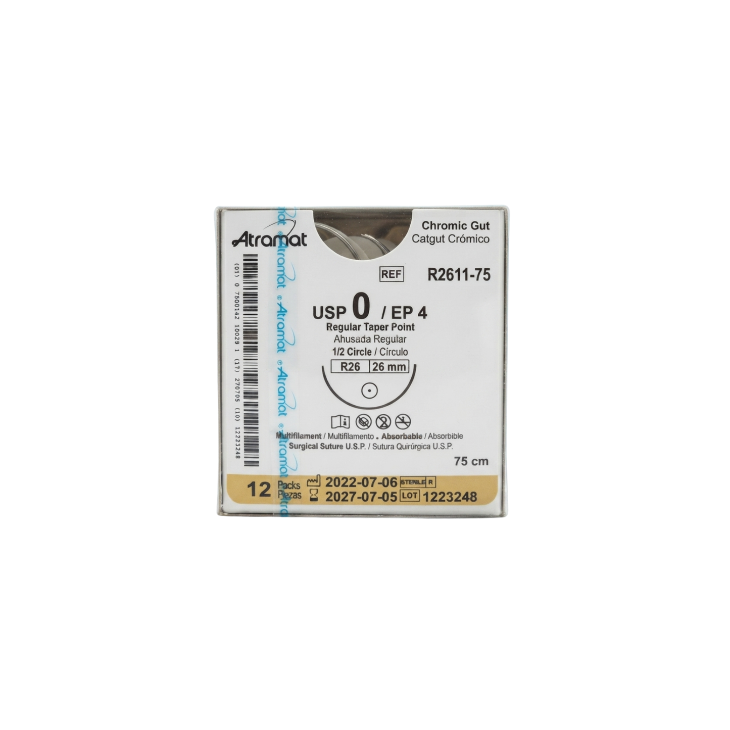 Hilo Catgut Crómico 0, Aguja 1/2 círculo ahusada regular 26 mm, Hebra 75 cm, Marca Atramat, Caja con 12 piezas
