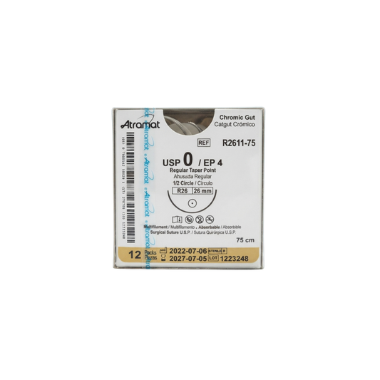 Hilo Catgut Crómico 0, Aguja 1/2 círculo ahusada regular 26 mm, Hebra 75 cm, Marca Atramat, Caja con 12 piezas