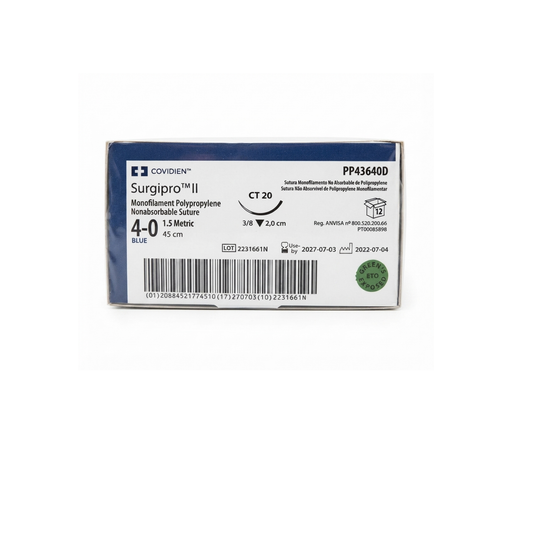 Hilo Polipropileno 4-0, Aguja 3/8 círculo cortante 20 mm, Hebra 45 cm, Marca Covidien, Caja con 12 piezas