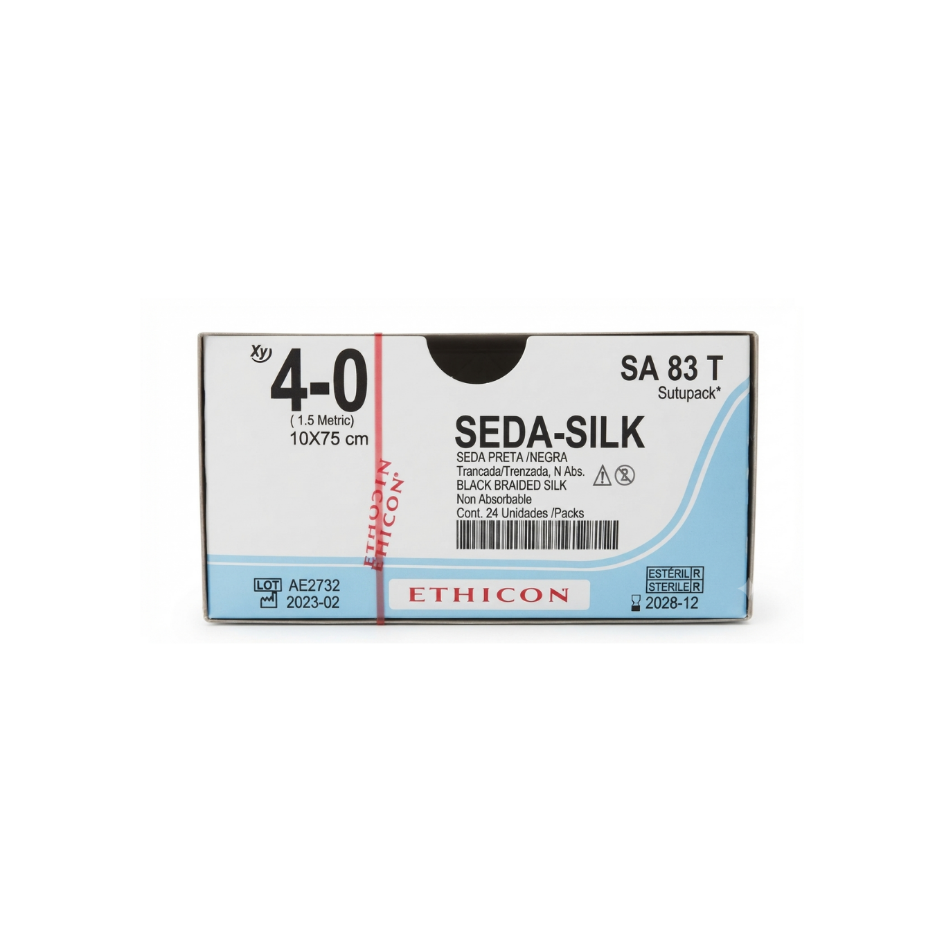 Hilo Seda Negra 4-0, Trenzada, Hebra 10×75 cm, No absorbible, Marca Ethicon, Caja con 24 piezas