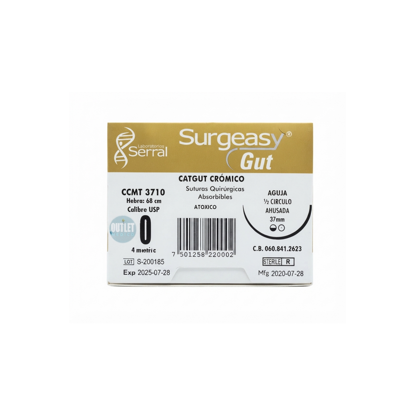 Hilo Catgut Crómico 0, Aguja 1/2 círculo ahusada 37 mm, Hebra 68 cm, Marca Surgeasy, Caja con 12 piezas