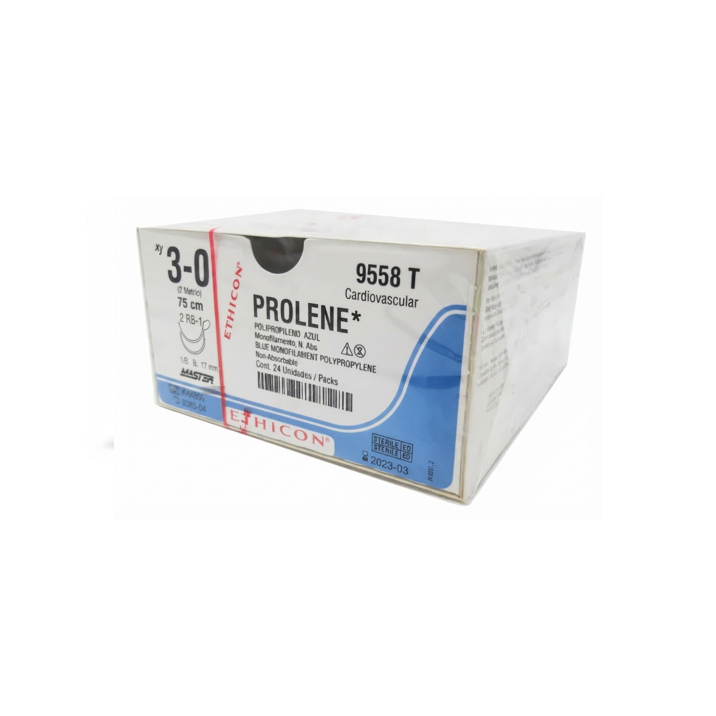 HILO PROLENE, ETHICON,CALIBRE 3-0, DOBLE AGUJA 1/2 CIRCULO 17MM,HEBRA 75 CM,CAJA CON 24 PIEZAS