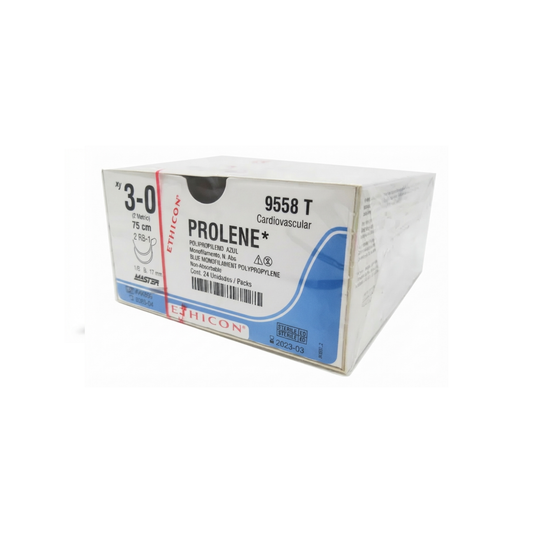 HILO PROLENE, ETHICON,CALIBRE 3-0, DOBLE AGUJA 1/2 CIRCULO 17MM,HEBRA 75 CM,CAJA CON 24 PIEZAS