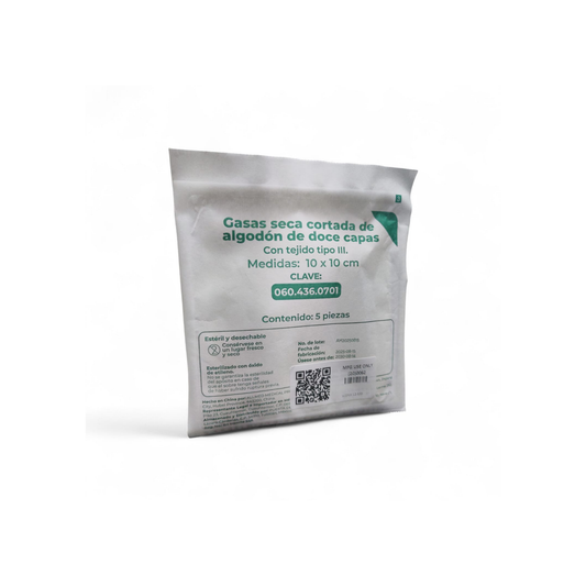 GASA SECA CORTADA DE ALGODON DE DOCE CAPAS TEJIDO TIPO III 10X10CM PAQUETE CON 5 PIEZAS C/U