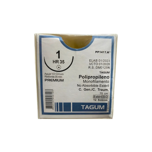 Hilo Polipropileno 1, Aguja 1/2 círculo 35 mm, Hebra 75 cm, Marca TAGUM, Caja con 12 piezas