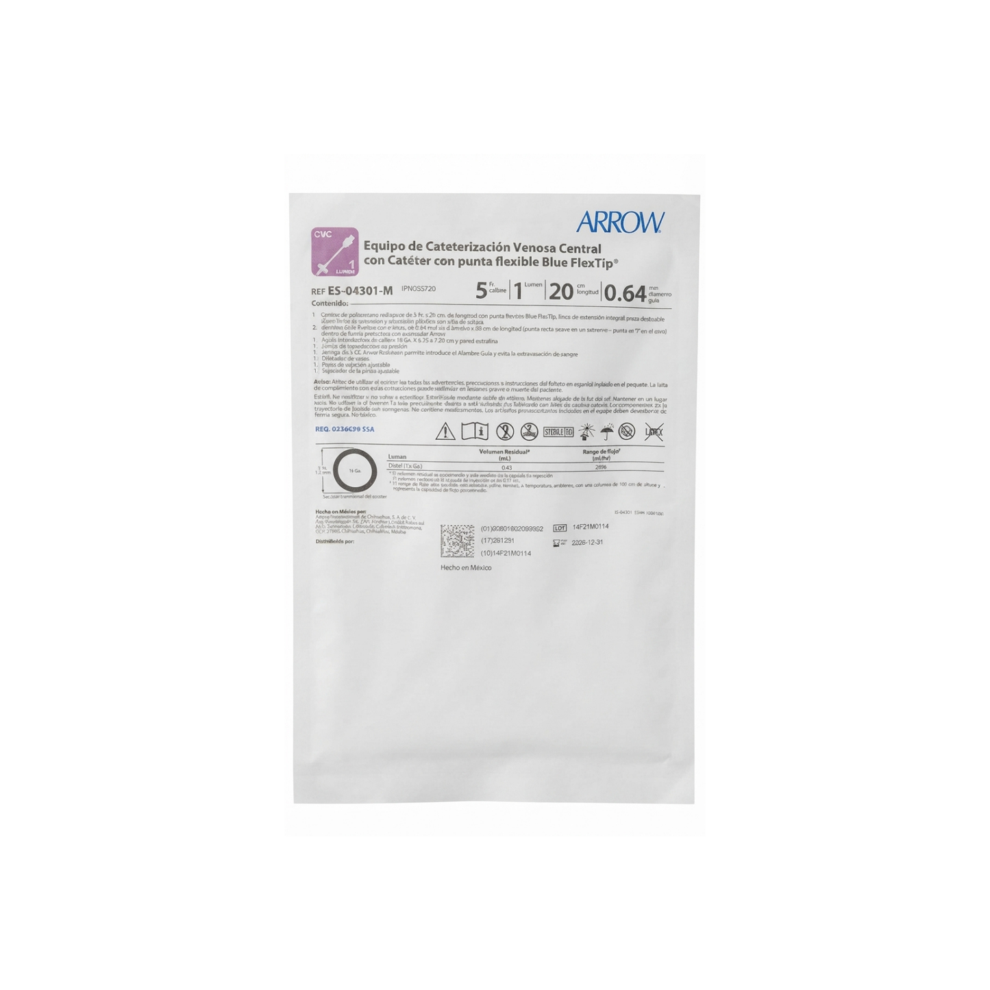 CATETER VENOSO CENTRAL 5 FR X 20 CM 1 LUMEN ARROW 1 PIEZA