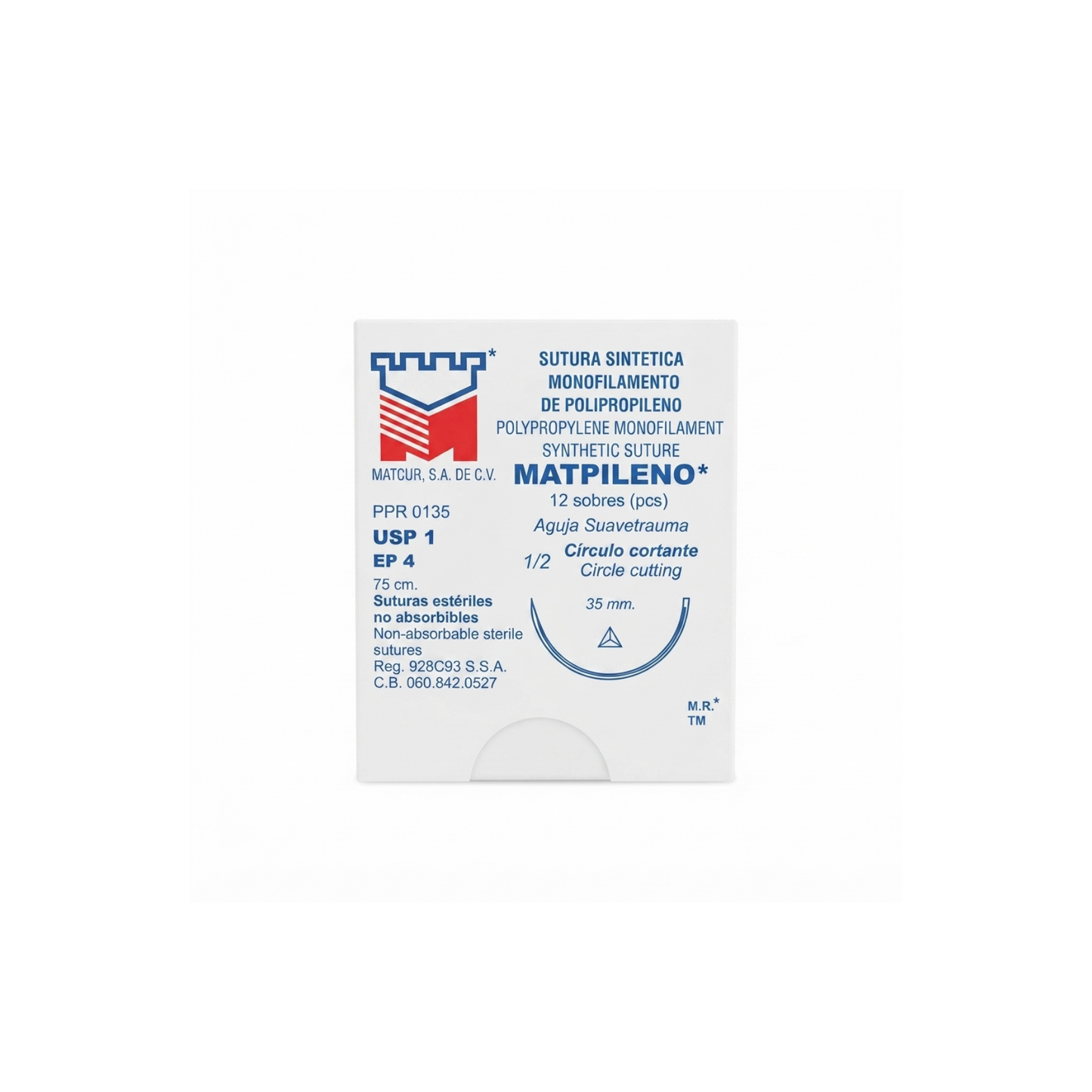 Hilo Polipropileno 1-0, Aguja 1/2 círculo cortante 35 mm, Hebra 75 cm, Marca Matcur, Caja con 12 piezas