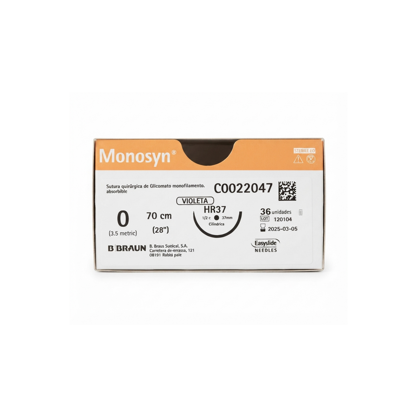 Hilo Monosyn (Gliconato) 0, Aguja HR37 ahusada 1/2 círculo, Hebra 70 cm, Caja con 1 pieza