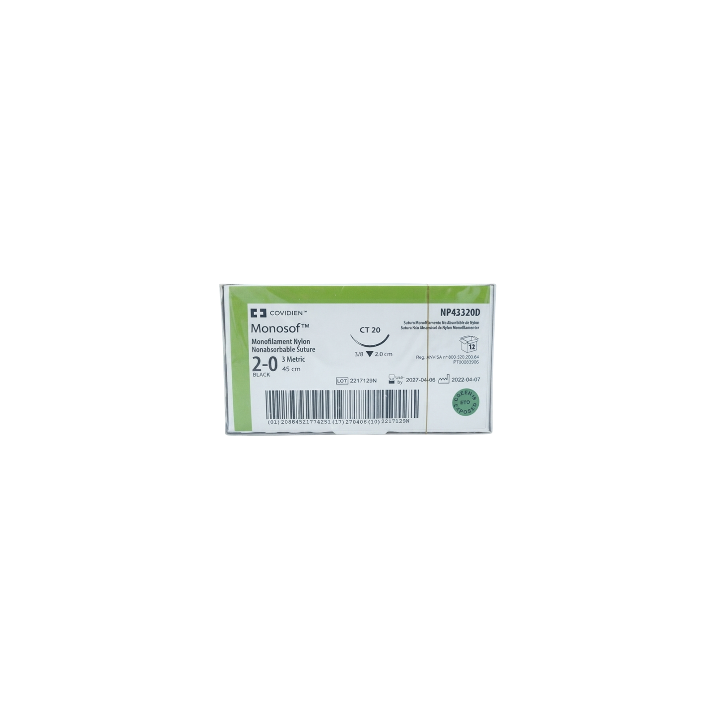 HILO MONOSOF COVIDIEN 2-0 CON AGUJA 3/8 DE CIRCULO CORTANTE 20CM HEBRA DE 45CM CAJA CON 12 PIEZAS