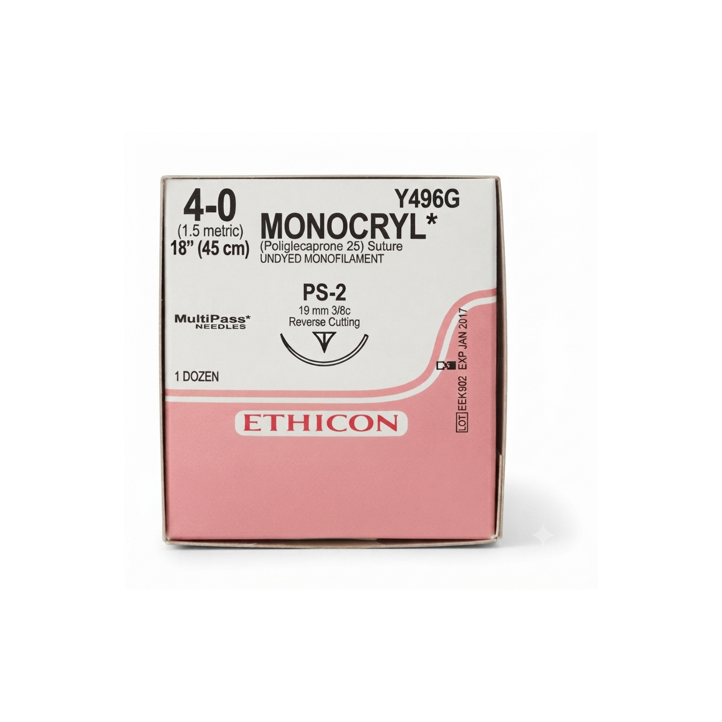 Hilo Monocryl 4-0, Aguja 3/8 círculo reverso cortante 19 mm, Hebra 45 cm, Marca Ethicon, Caja con 12 piezas